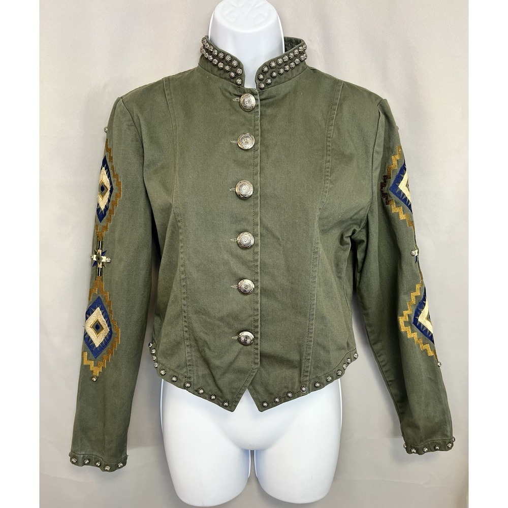 VTGValencia Olive Green Western Military Embroidery Studs Sz Medium Y2K‎